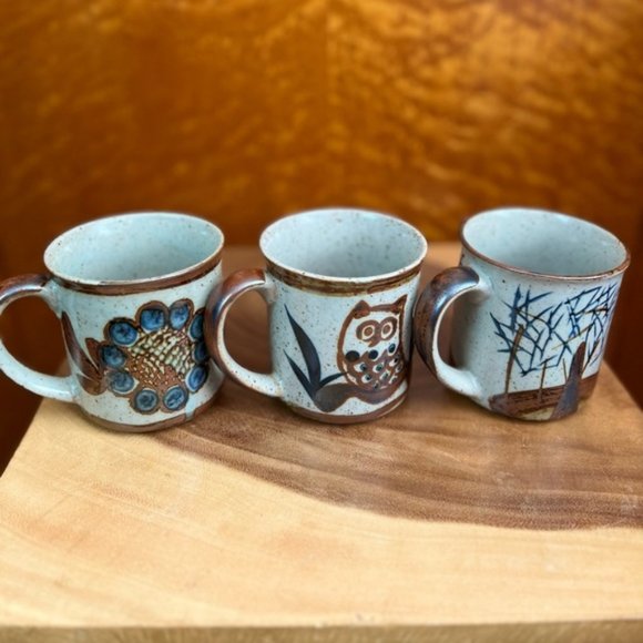 HANDMADE GLAZED POTTERY 70s 70’s Vintage Oatmeal Coffee Cups Mugs Mug Cup Set 3 - Picture 1 of 4